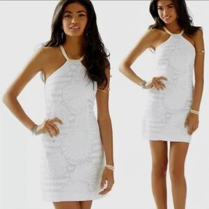 Lilly Pulitzer Jenna Halter Dress – White Lace Shell Print, Size 4